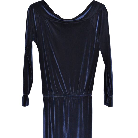 Vintage Blue Velvet Cowl Neck Jumpsuit Medium Bodysuit Stretch Comfort Lounge - Picture 3 of 4